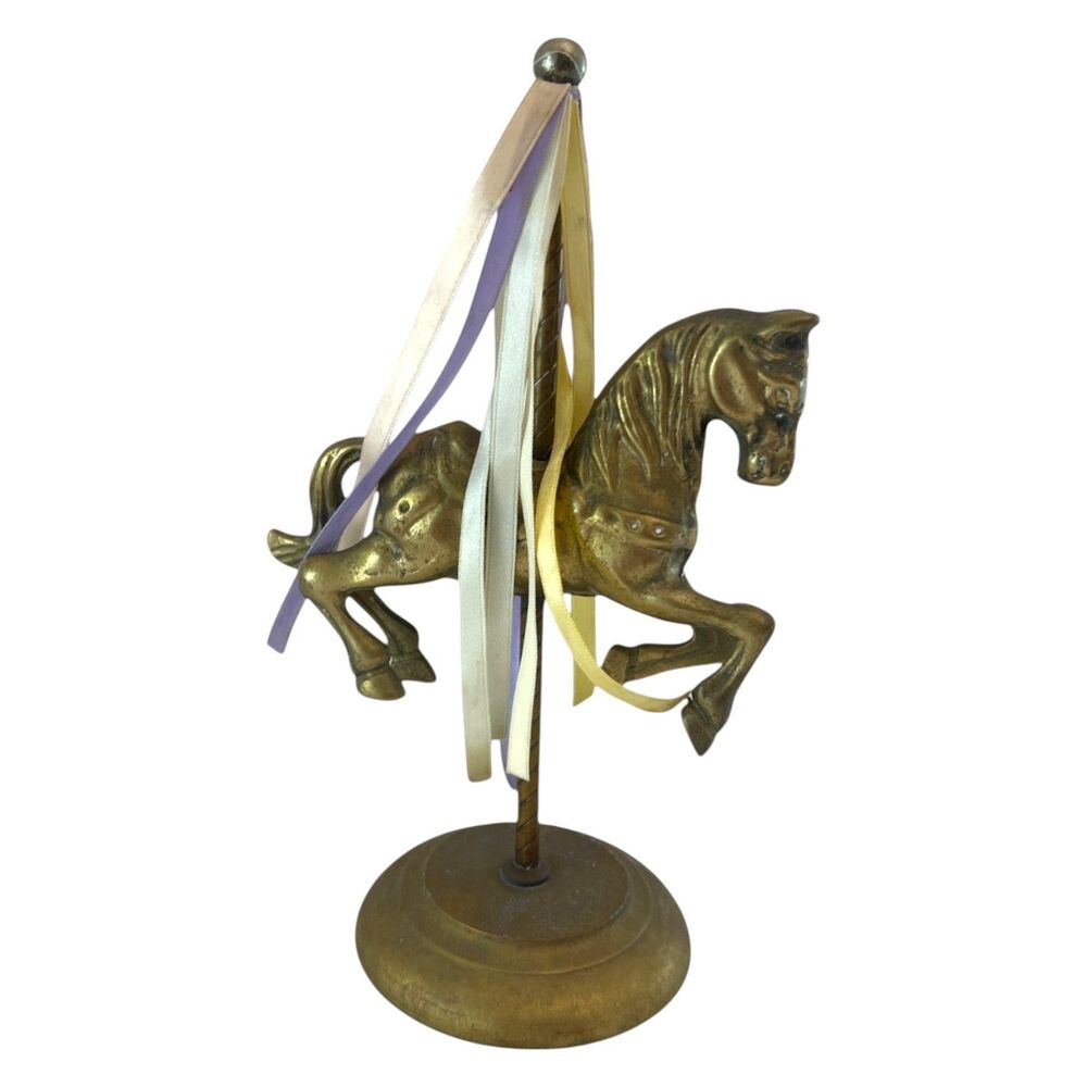 Vintage Brass Carousel Horse Figurine Ornament Decor MCM Ribbon Pony Cottagecore